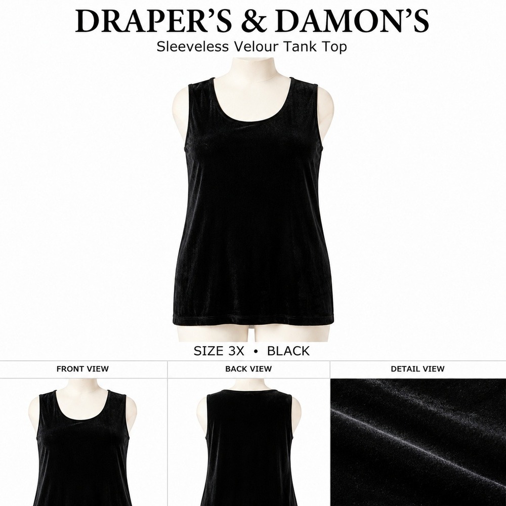 Draper's & Damon's Womens Plus 3X Black Sleeveless Velour Tank Top‎ Scoop Neck